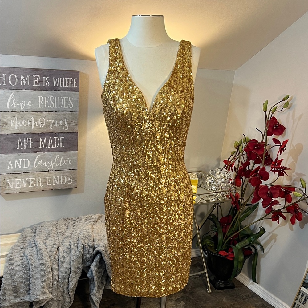 Vicky Tiel Gold Sequin Hollywood Regency Glam Cocktail Dress Size 8